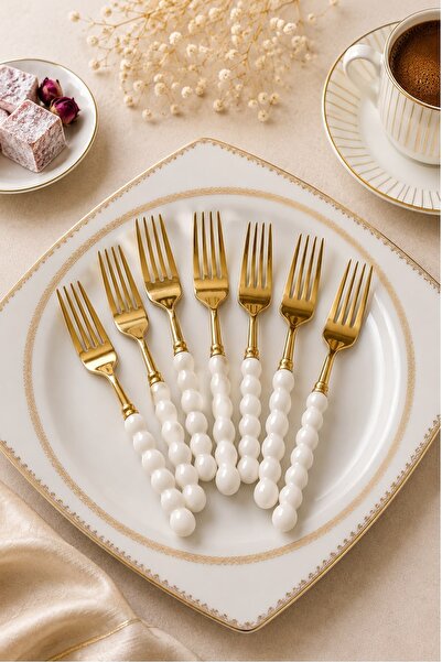 Kitchen Beauty 6 Adet Beyaz Plastik İnci Taş Detaylı Gold Yemek Çatalı Takımı...