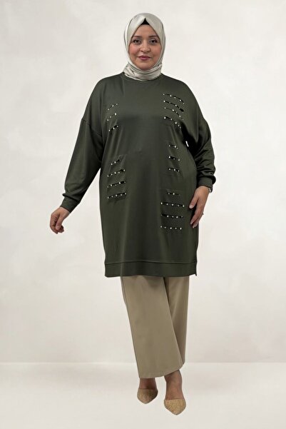 Eslina 48089 Large Size Beyoğlu Stone Modal Tunic - Khaki