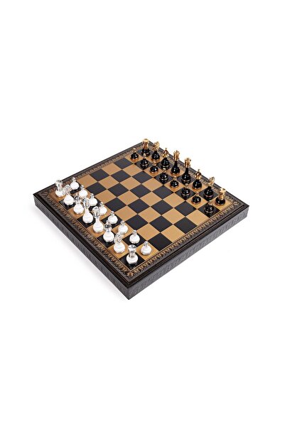 İTALFAMA Set 3-în-1 48x48cm - Piele Aur 24K Argint 925 Șah+Dame