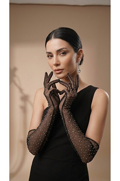 Mortex Black Stone Embellished Tulle Long Women's Gloves – Wedding Dress, Bri...