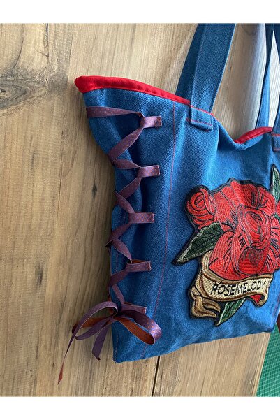 Liner Studio El Yapımı Nakışlı Denim Çanta-Retro Çanta