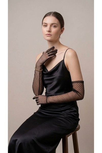 Mortex Black Polka Dot Lace Long Women's Gloves – Wedding Dress, Bride, Marri...