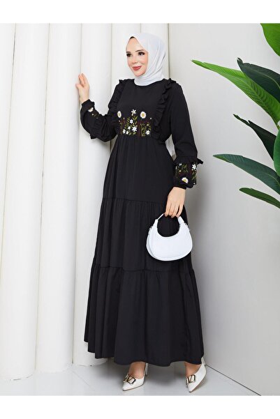 moda periy Nakış Detaylı Asel Tesettür Elbise Siyah