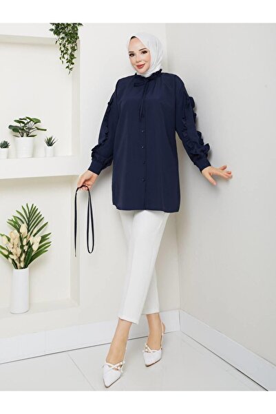 moda periy SEDA KOLU FIRFIRLI TUNİK LACİVERT