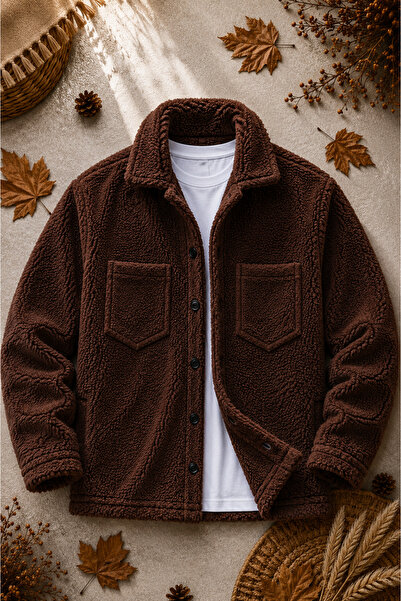 legends butik Unisex Plush Jacket Winter Thick Textured Buttoned Double Pocke...