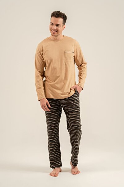 Arnetta Men's Long Sleeve Cotton Pajama Set with Pocket Detail (Socks as a Gift)