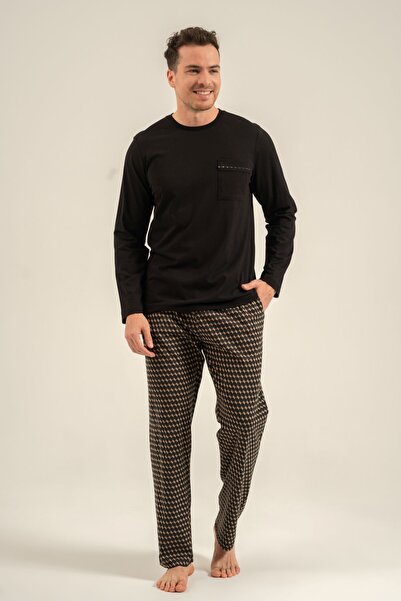 Arnetta Men's Long Sleeve Cotton Pajama Set with Pocket Detail (Socks as a Gift)