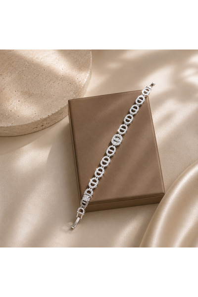 Silver Vip Zirkon Taşlı Gümüş Kaplama Şık Oval Halka Kadın Bileklik 18cm