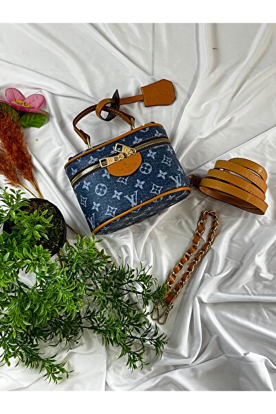 Monogrom Desenli Denim Görünümlü Mini Vanity Çanta