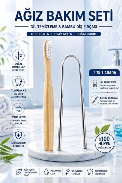 İndirimKap Paslanmaz Çelik Dil Temizleyici Ve %100 Doğal Bambu Diş Fırçası Ağ...