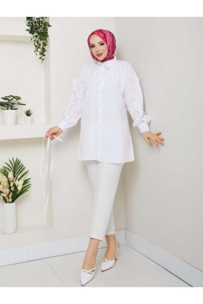 moda periy SEDA KOLU FIRFIRLI TUNİK BEYAZ