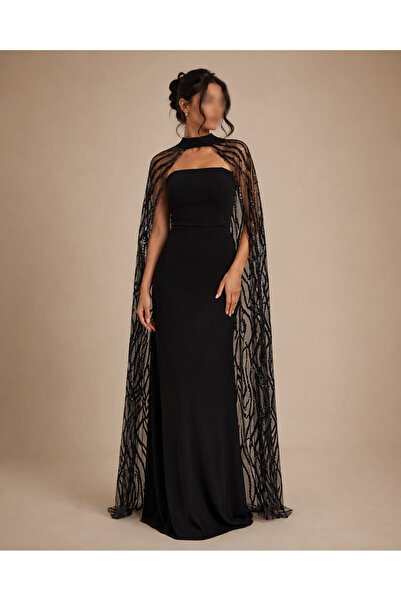 Generic Black Chiffon Evening Dress with Transparent Cape and Embroidery