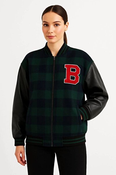 VELİZADE Green Plaid Patterned Winter Cold-Resistant Oversized Bomber College...