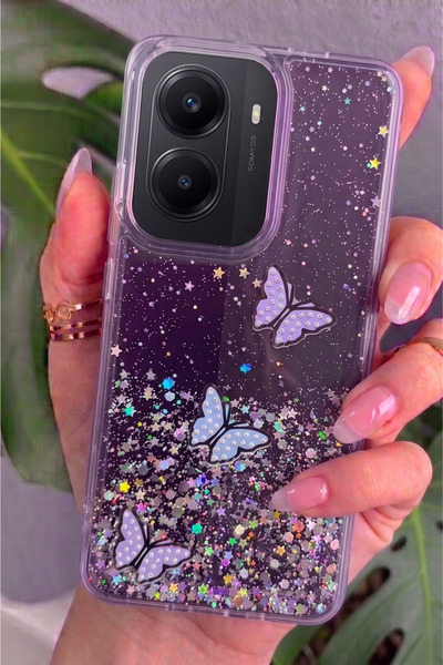 Rivor Xiaomi Poco X7 Pro Uyumlu Kılıf Kamera Çıkıntılı Simli Kelebek Kabartma...