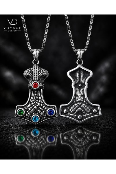 voyageaccessory Stainless Steel Colorful Zircon Stone Detailed Thor Hammer Mjolnir Viking Necklace
