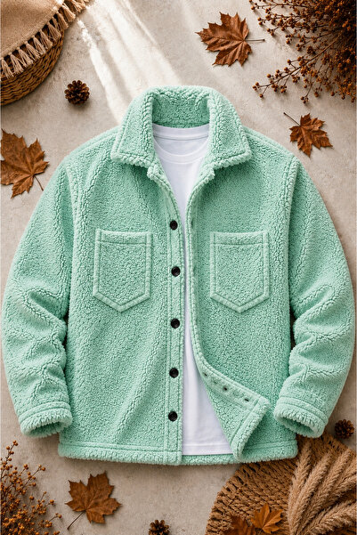 legends butik Unisex Plush Jacket Winter Thick Textured Buttoned Double Pocke...