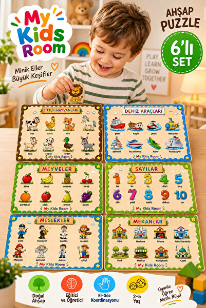 My Kids Room 6'lı Ahşap Puzzle Seti Eğitici Öğretici Bul Tak Yapboz Türkçe Ço...