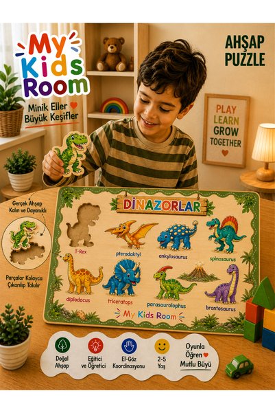 My Kids Room 6-Piece Wooden Puzzle Set Educational Learning Find & Match Puzzle Musical Instruments Numbers Vegetables Dinosaurs Land Vehicles Places