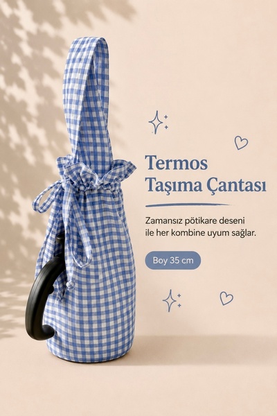 YUVOL Mavi Pötikareli El Yapımı Termos Piknik Taşıma Çantası Şık ve Kullanışlı