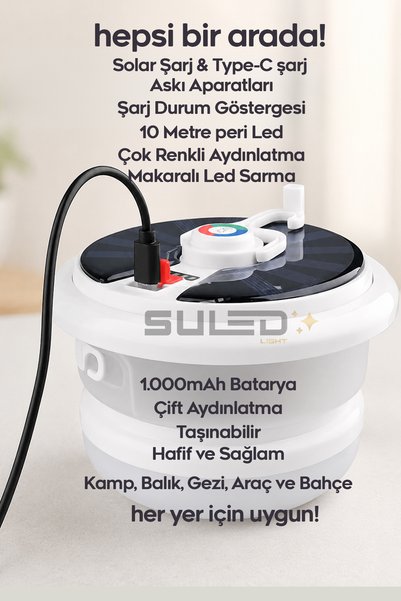 SULED Pro Solar Kamp Lambası 10 Metre RGB Peri LED Type-C Şarjlı Makaralı Askılı