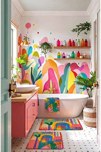 Dekoratif Modern Tasarım Kaymaz Taban Yıkanabilir Set Takım Renkli Banyo Paspası 50x60-60x90 Cm