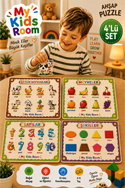 My Kids Room 4'lü Ahşap Puzzle Seti Eğitici Öğretici Bul Tak Yapboz Çiftlik H...