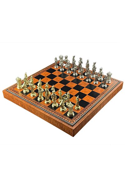 İTALFAMA Set de șah Napoleon + Tablă din imitație de piele maro/neagră 48cm