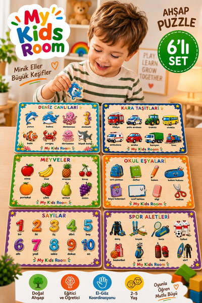 My Kids Room 6'lı Ahşap Puzzle Seti Eğitici Öğretici Bul Tak Yapboz Deniz Can...