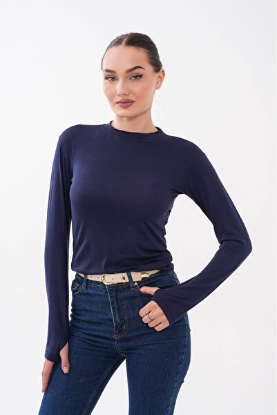 bykombincim Women's Circular Neck Finger-Pass Viscose Flexible Long Sleeve Bo...
