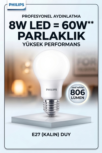 Philips 8W (60W Eşdeğeri) E27 Kalın Duy LED Ampul 806 Lümen 6400K Beyaz Işık