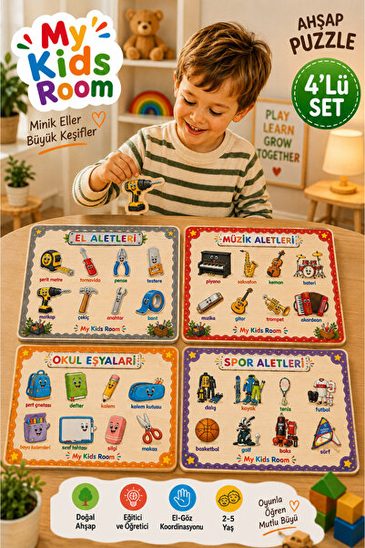 My Kids Room 4'lü Ahşap Puzzle Seti Eğitici Öğretici Bul Tak Yapboz El Aletle...