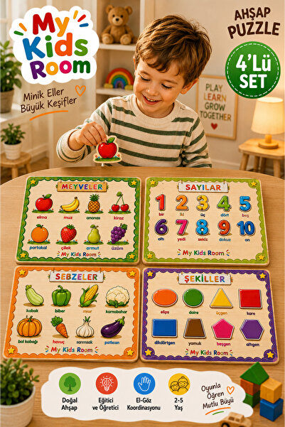 My Kids Room 4'lü Ahşap Puzzle Seti Eğitici Öğretici Bul Tak Yapboz Meyveler ...