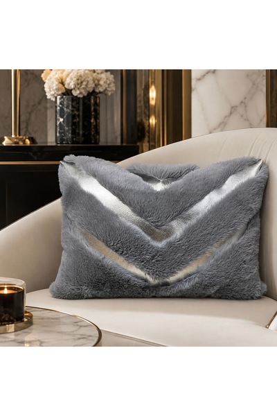 Volas Gri Renk Gümüş Detaylı Peluş Dekoratif Yastık 40x55 cm İçi Dolgulu Dikd...