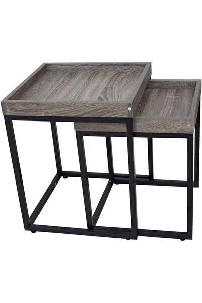 Al Hadaya Mall Set of 2 Wooden and Metal Service Tables, Brown and Black, 45x...