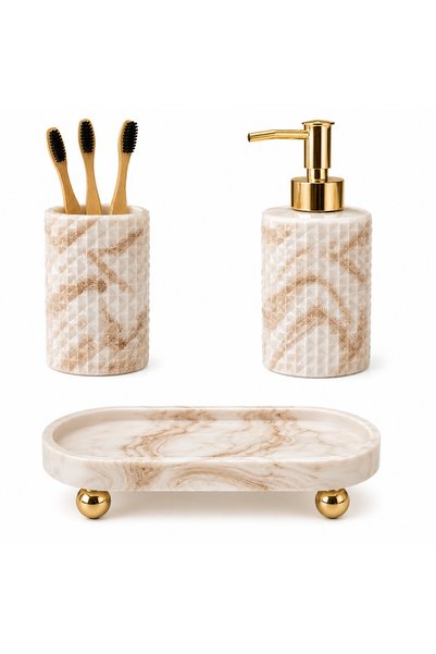 lufen deco Marble Patterned Brown Concrete 3 Piece Bathroom Set Soap Dish Toothbrush Holder Stand Presentation Tray Engagement Wedding
