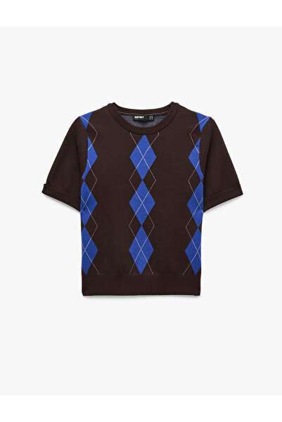 Koton Regular Fit Bisiklet Yaka Kısa Kollu Triko Baklava Desenli Kazak