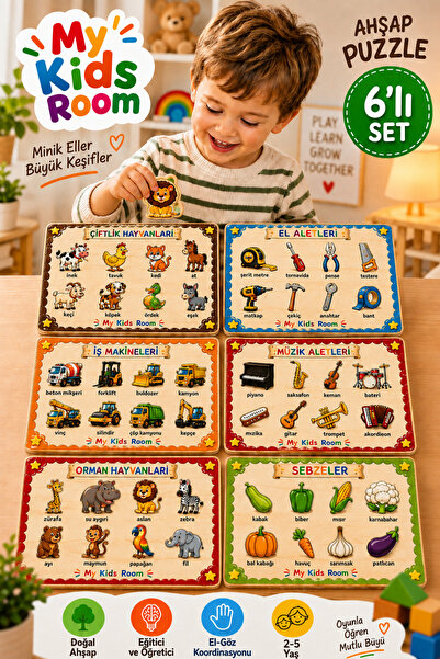 My Kids Room 6'lı Ahşap Puzzle Seti Eğitici Öğretici Bul Tak Yapboz Çiftlik H...