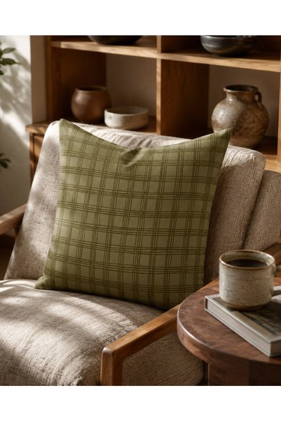 decoarstr Haki Yeşil Ekose 43x43 cm Çift Taraf Baskılı Raşel Kumaş Kırlent Kı...