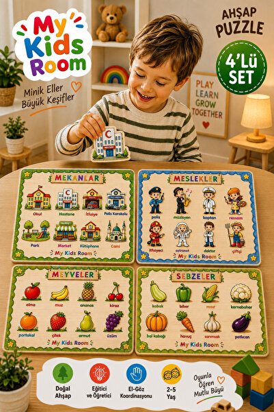 My Kids Room 4'lü Ahşap Puzzle Seti Eğitici Öğretici Bul Tak Yapboz Mekanlar ...
