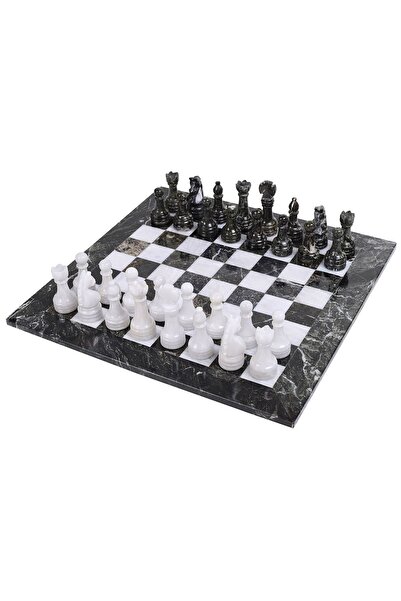 İTALFAMA Set de șah din marmură alb-negru, sculptat manual, 12 inci, cu cutie