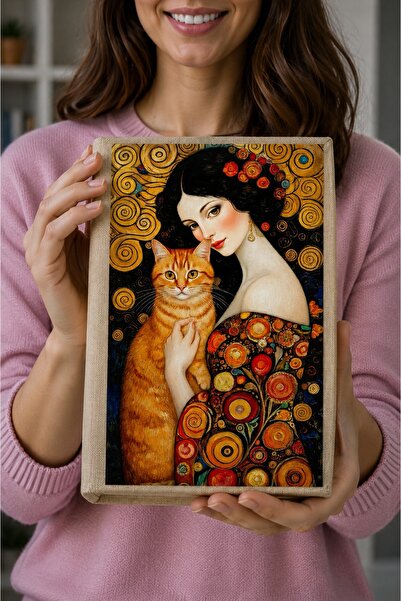 Şımartan Gustav Klimt Style Cat and Woman Patterned Fabric Cover Notebook and...