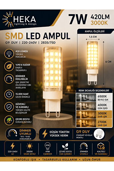 Avarson (1 Adet) Heka 7W Günışığı (3000K) G9 Duylu Dim Edilebilir LED Kapsül ...