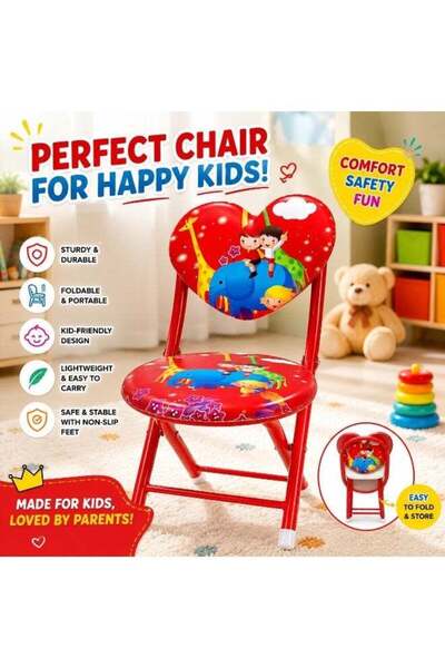 Generic Kids' Foldable Chair with Cartoon Print, Red Metal Frame