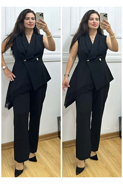 BUTİK MODA Kadın Siyah Büyük Beden Asimetrik Etek Dantelli Kolsuz Ceket Panto...