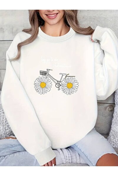 Mythologie Daisy Bicycle Sweatshirt - White Printed Oversized Crew Neck Sweat...