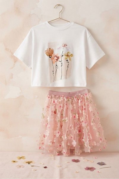 Next Baby Pamuklu Pembe Çiçek Desenli Tütü Etek Alt Üst Takım