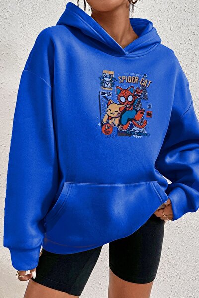 Mythologie Spider Cat Sweatshirt - Sax Blue Printed Oversize Hooded Sweatshirt