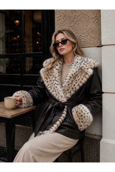 ASEDE Premium Fur-Collar Tie-Detail Leather Jacket Coat
