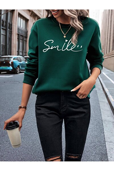 Mythologie Smile Face Thick Winter Sweatshirt - Nefti Green Printed Oversized...