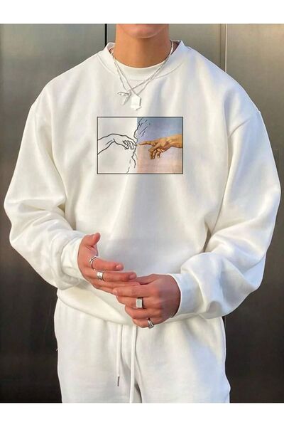 Mythologie Michelangelo Lightning Sweatshirt - White Printed Oversize Ribbed ...
